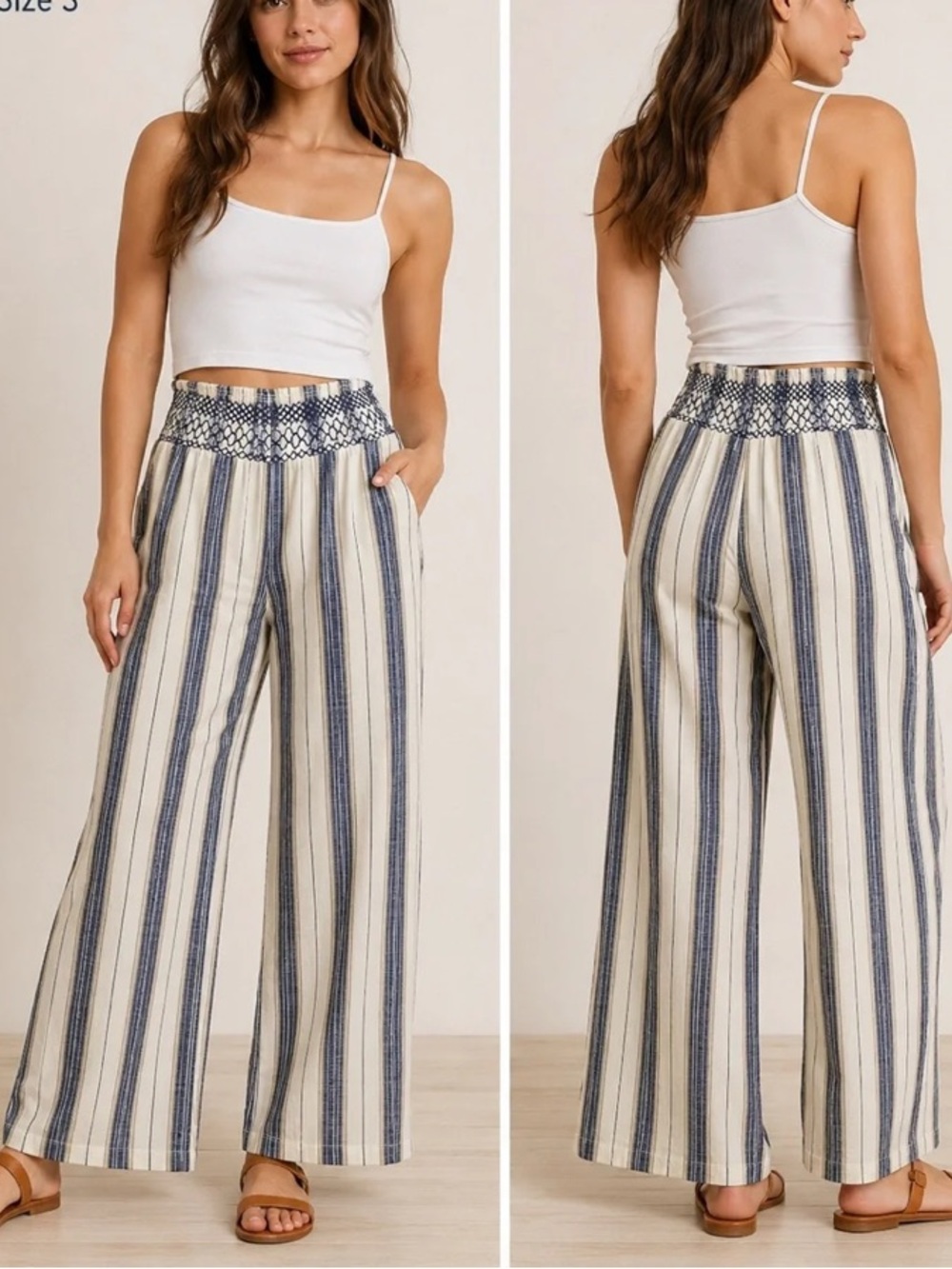 NWT Indigo Rein striped wide-leg pants Linen Blend Smocked Waist Sz Small